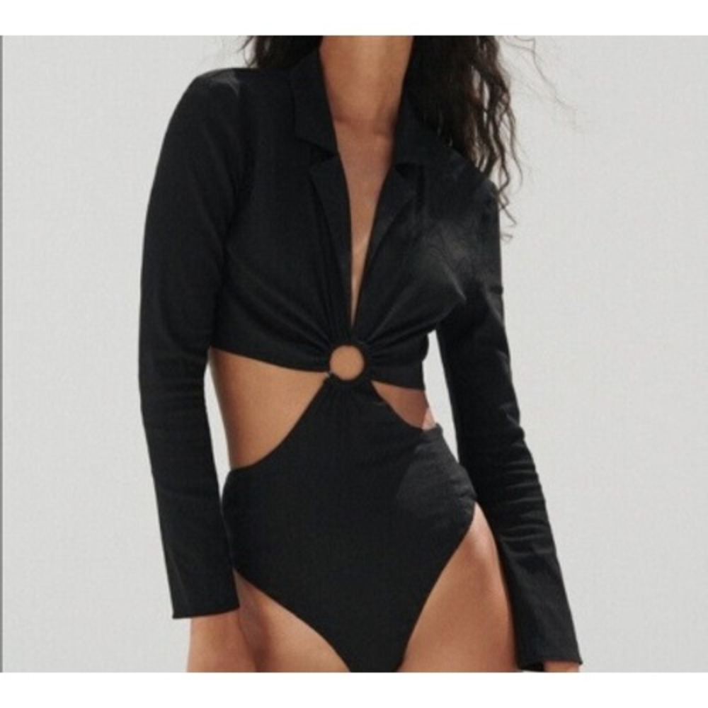 Zara Women Black Cut Out Ring Detail Long Sleeve Bodysuit Size S